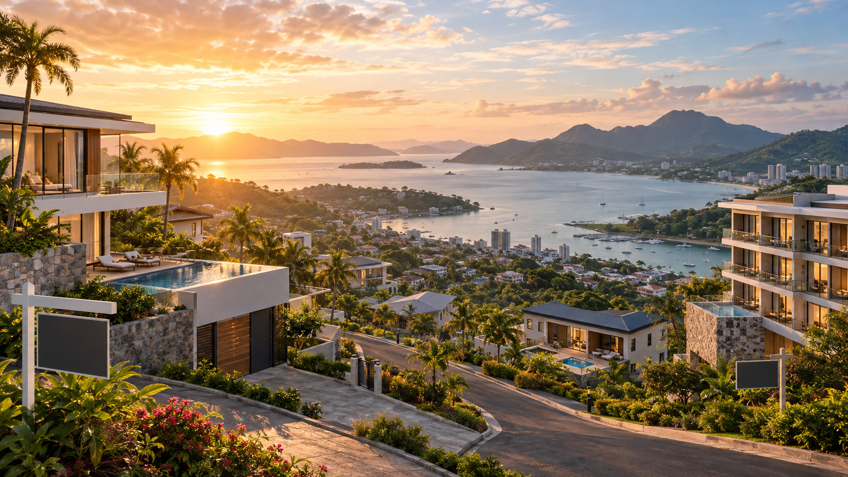 Illustrated coastal neighborhood at sunset