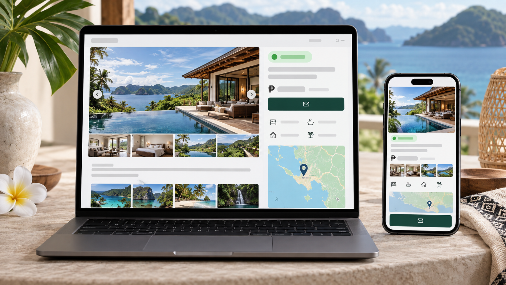 Illustration of a property photo gallery, price and location on a laptop and phone